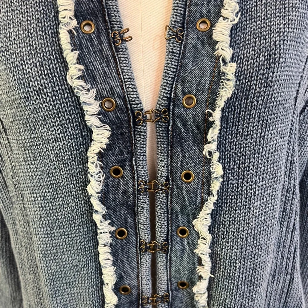 Vintage PBJ Blues Blue Cotton Ramie Denim Trim Cardigan Sweater Boho XL